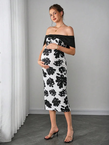 Maternity Floral Fitted Midi Dress - Off Shoulder, Short Sleeve, Slit Hem, Slim, Black and White