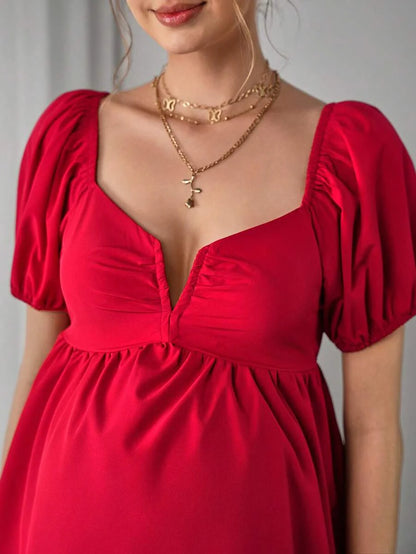 Maternity Peplum Blouse - Sweetheart Neck, Bishop Short Sleeve, Bow, Slim Fit, Red