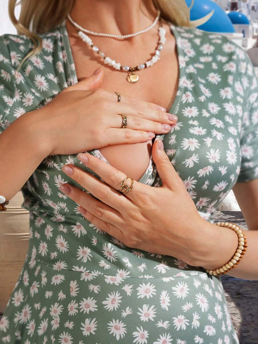Mint Green Daisy Floral Maternity Midi Dress - V-Neck Short Sleeve Bump Friendly Nursing Dress - High Stretch Summer Casual Flare Dress