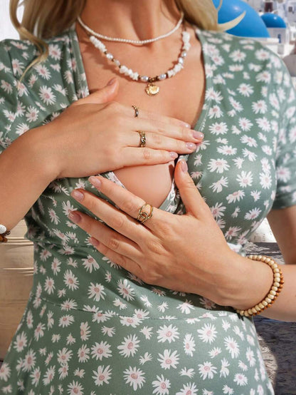 Mint Green Daisy Floral Maternity Midi Dress - V-Neck Short Sleeve Bump Friendly Nursing Dress - High Stretch Summer Casual Flare Dress