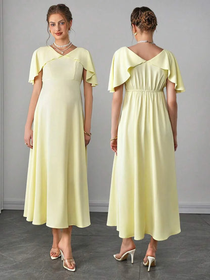 Maternity Elegant A-Line Maxi Dress - V Neck, Cloak Cap Sleeve, Ruffle, Pleated, Yellow