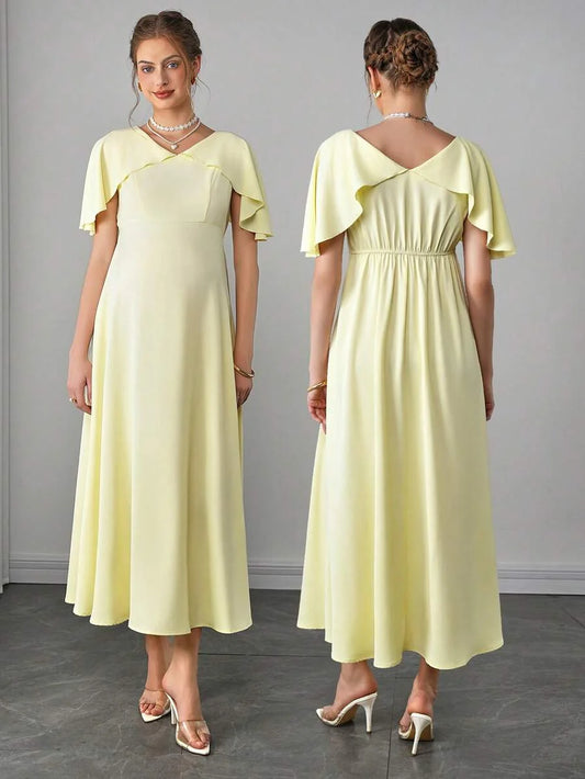 Maternity Elegant A-Line Maxi Dress - V Neck, Cloak Cap Sleeve, Ruffle, Pleated, Yellow