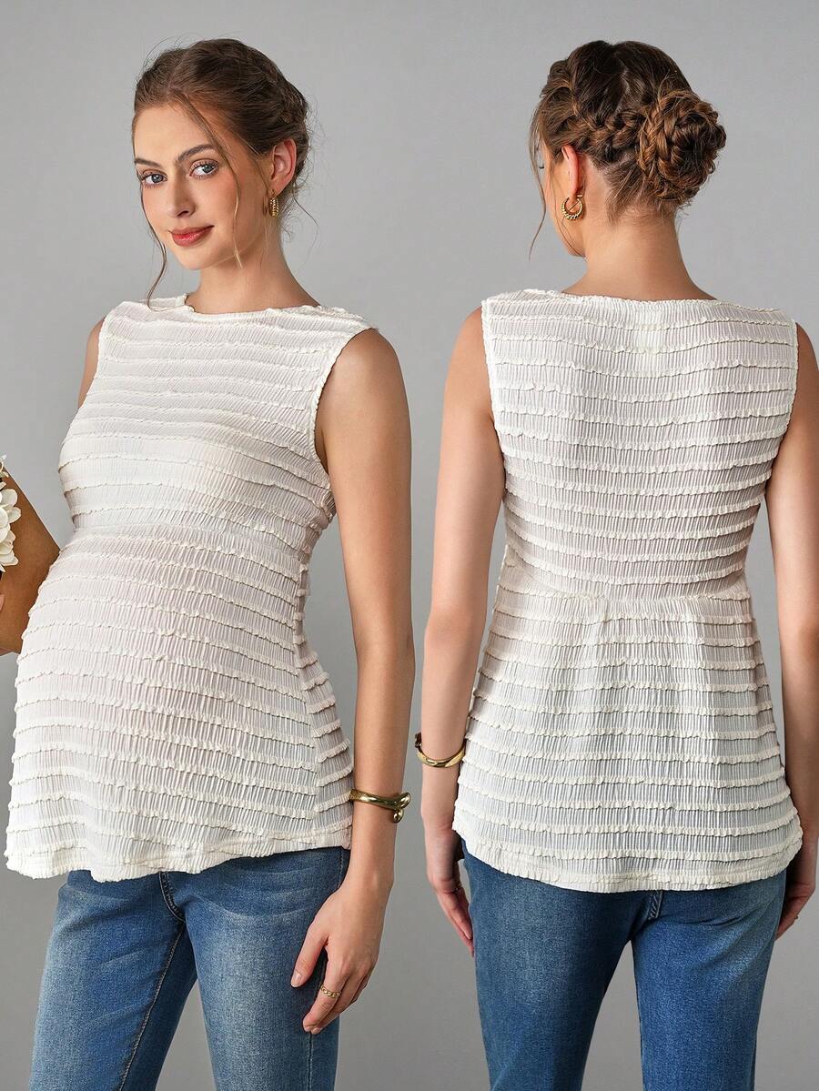 Maternity Camisole Peplum Top - Round Neck, Sleeveless, Textured, Ruffle Hem, Long, Apricot