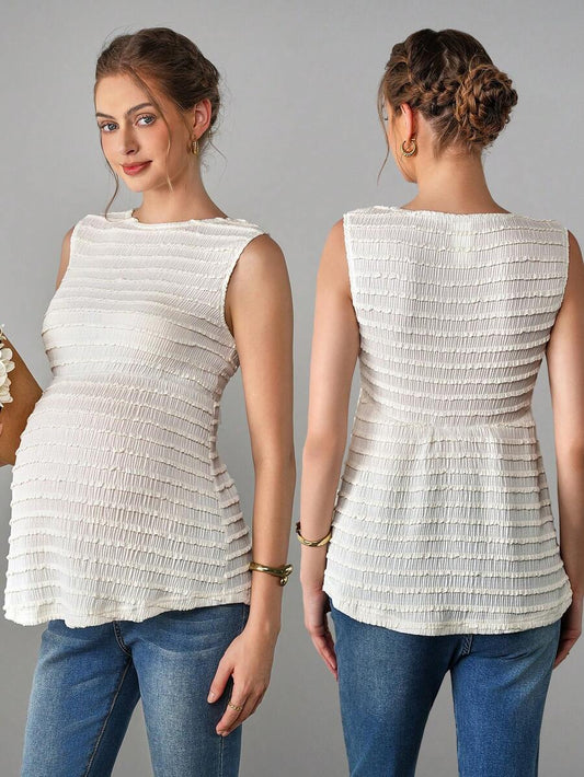 Maternity Camisole Peplum Top - Round Neck, Sleeveless, Textured, Ruffle Hem, Long, Apricot