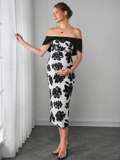 Maternity Floral Fitted Midi Dress - Off Shoulder, Short Sleeve, Slit Hem, Slim, Black and White