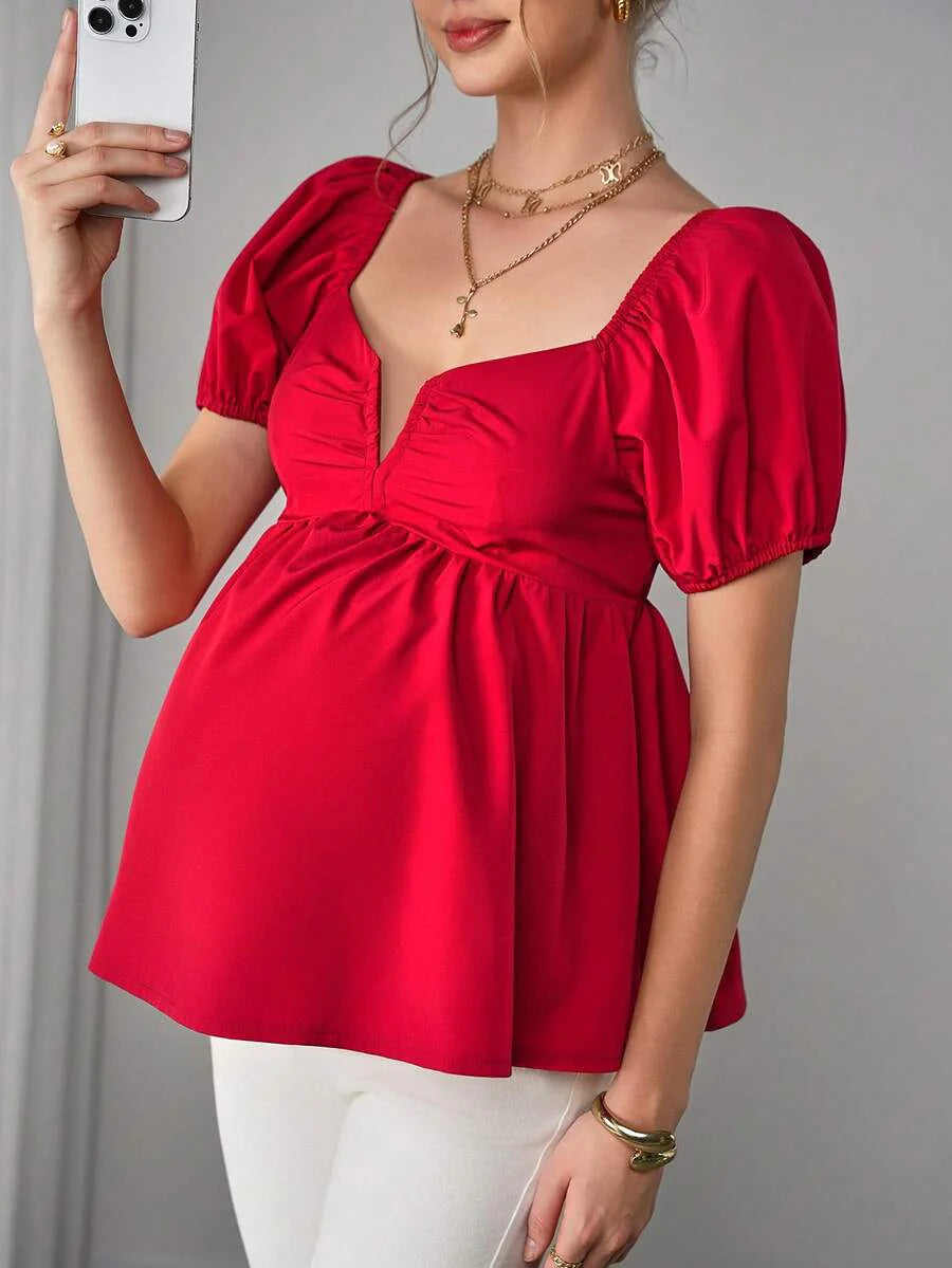 Maternity Peplum Blouse - Sweetheart Neck, Bishop Short Sleeve, Bow, Slim Fit, Red