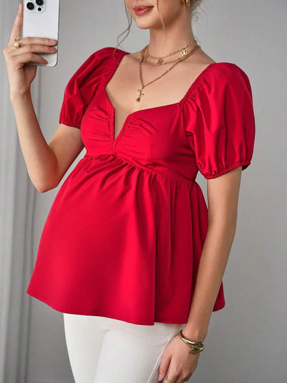 Maternity Peplum Blouse - Sweetheart Neck, Bishop Short Sleeve, Bow, Slim Fit, Red