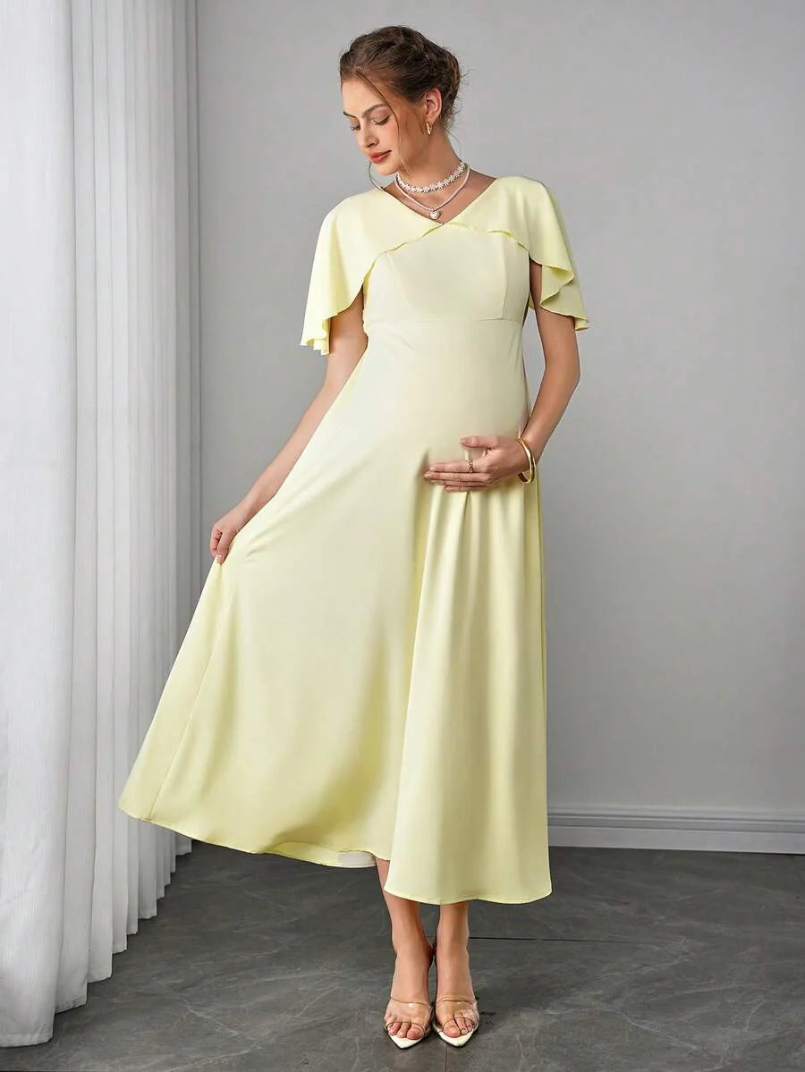 Maternity Elegant A-Line Maxi Dress - V Neck, Cloak Cap Sleeve, Ruffle, Pleated, Yellow