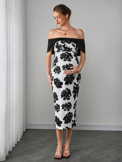 Maternity Floral Fitted Midi Dress - Off Shoulder, Short Sleeve, Slit Hem, Slim, Black and White