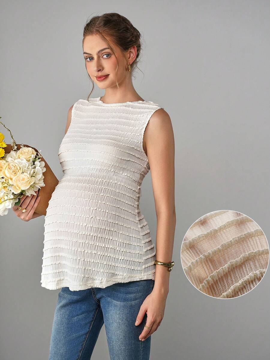 Maternity Camisole Peplum Top - Round Neck, Sleeveless, Textured, Ruffle Hem, Long, Apricot
