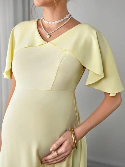 Maternity Elegant A-Line Maxi Dress - V Neck, Cloak Cap Sleeve, Ruffle, Pleated, Yellow