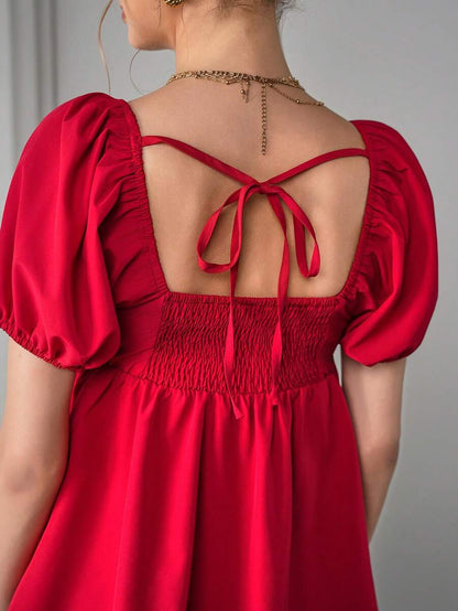 Maternity Peplum Blouse - Sweetheart Neck, Bishop Short Sleeve, Bow, Slim Fit, Red