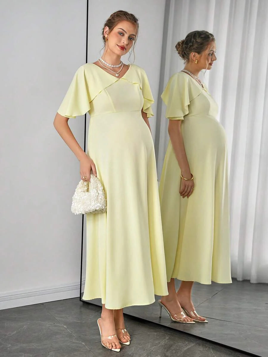 Maternity Elegant A-Line Maxi Dress - V Neck, Cloak Cap Sleeve, Ruffle, Pleated, Yellow