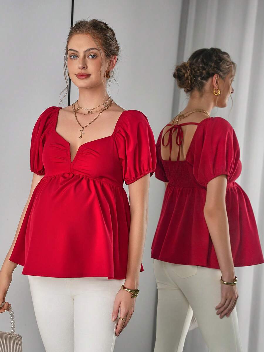 Maternity Peplum Blouse - Sweetheart Neck, Bishop Short Sleeve, Bow, Slim Fit, Red