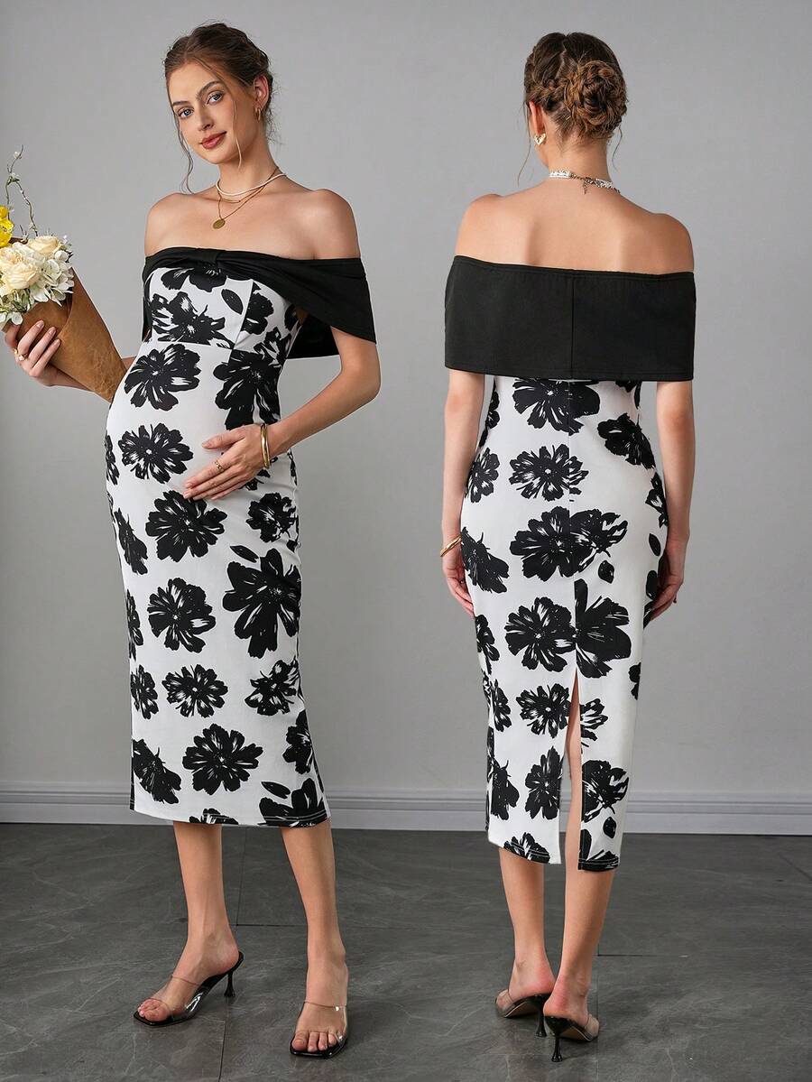Maternity Floral Fitted Midi Dress - Off Shoulder, Short Sleeve, Slit Hem, Slim, Black and White