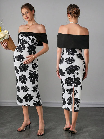 Maternity Floral Fitted Midi Dress - Off Shoulder, Short Sleeve, Slit Hem, Slim, Black and White