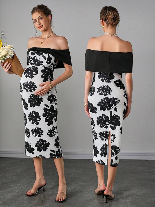 Maternity Floral Fitted Midi Dress - Off Shoulder, Short Sleeve, Slit Hem, Slim, Black and White