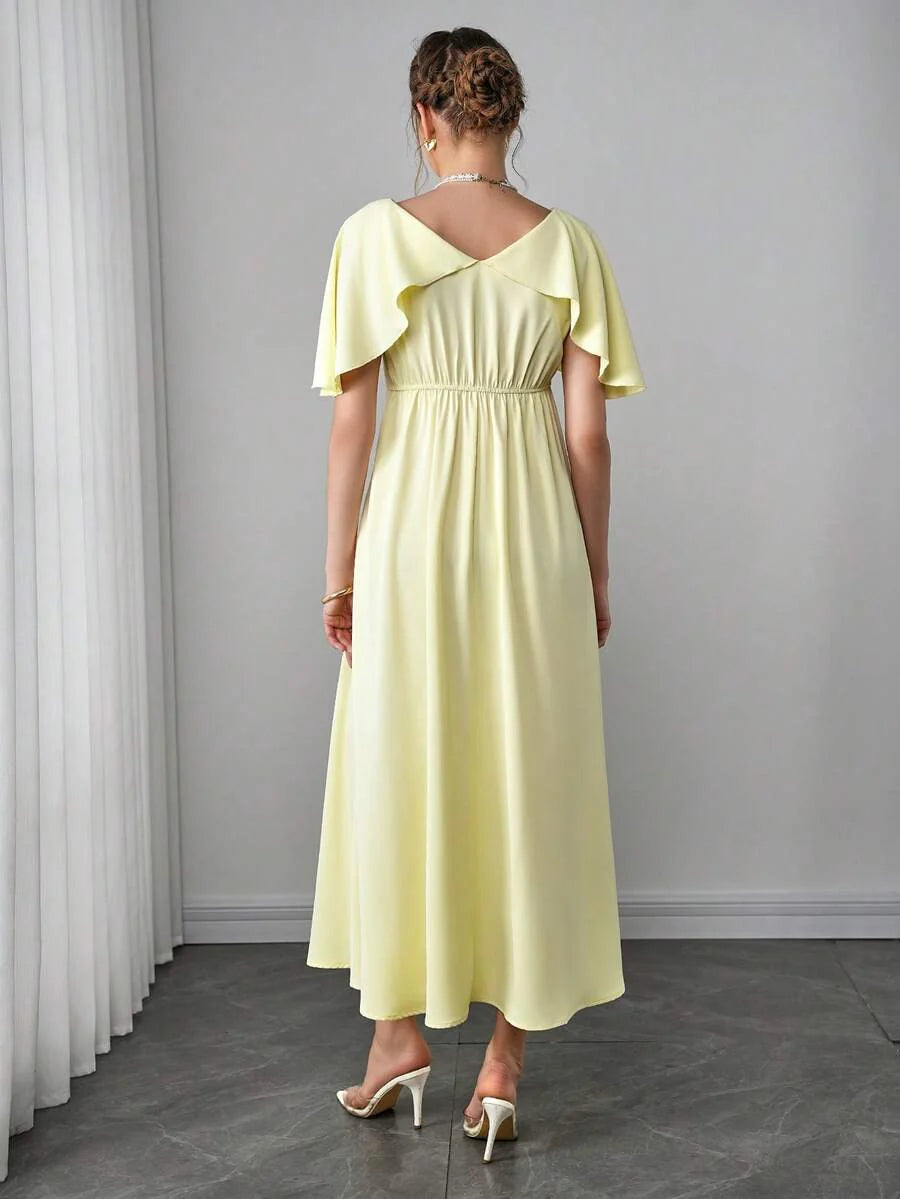 Maternity Elegant A-Line Maxi Dress - V Neck, Cloak Cap Sleeve, Ruffle, Pleated, Yellow