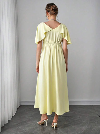 Maternity Elegant A-Line Maxi Dress - V Neck, Cloak Cap Sleeve, Ruffle, Pleated, Yellow