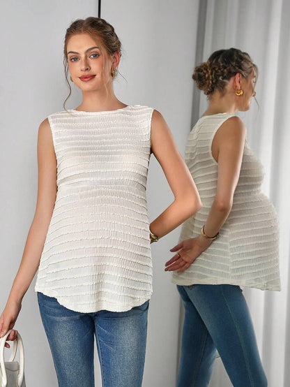 Maternity Camisole Peplum Top - Round Neck, Sleeveless, Textured, Ruffle Hem, Long, Apricot