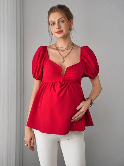 Maternity Peplum Blouse - Sweetheart Neck, Bishop Short Sleeve, Bow, Slim Fit, Red