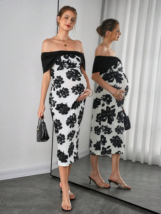 Maternity Floral Fitted Midi Dress - Off Shoulder, Short Sleeve, Slit Hem, Slim, Black and White