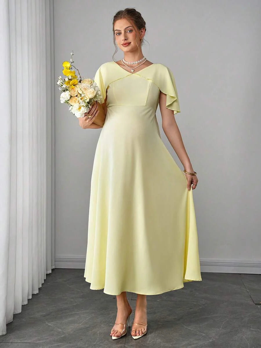 Maternity Elegant A-Line Maxi Dress - V Neck, Cloak Cap Sleeve, Ruffle, Pleated, Yellow