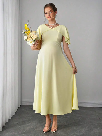 Maternity Elegant A-Line Maxi Dress - V Neck, Cloak Cap Sleeve, Ruffle, Pleated, Yellow