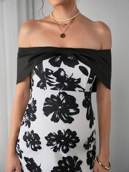 Maternity Floral Fitted Midi Dress - Off Shoulder, Short Sleeve, Slit Hem, Slim, Black and White