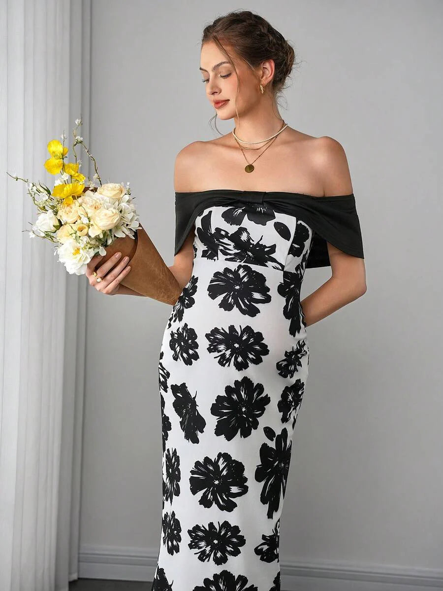 Maternity Floral Fitted Midi Dress - Off Shoulder, Short Sleeve, Slit Hem, Slim, Black and White