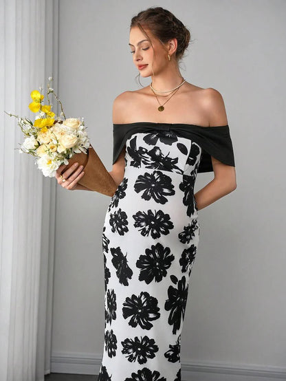 Maternity Floral Fitted Midi Dress - Off Shoulder, Short Sleeve, Slit Hem, Slim, Black and White