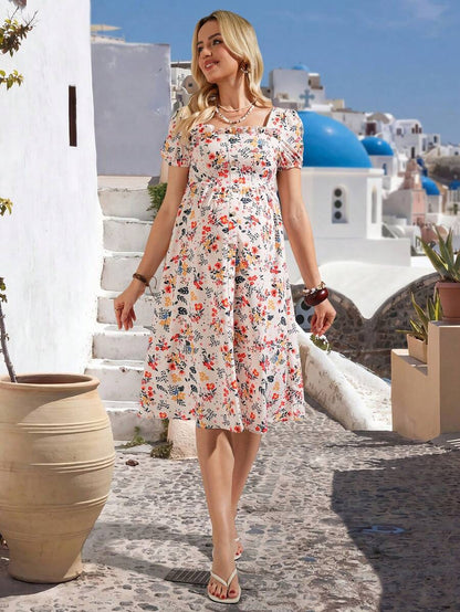 Multicolor Floral Square Neck Maternity Midi Dress - Boho Puff Sleeve High Waist A-Line Summer Dress - Elegant Front Button Picnic Dress for Pregnant Women
