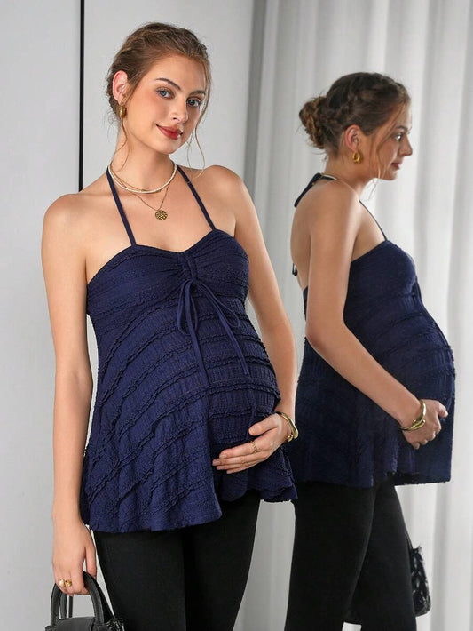Maternity Jacquard Cami Top - Halter Neck, Spaghetti Strap, Drawstring, Flared Hem, Slim Fit, Blue