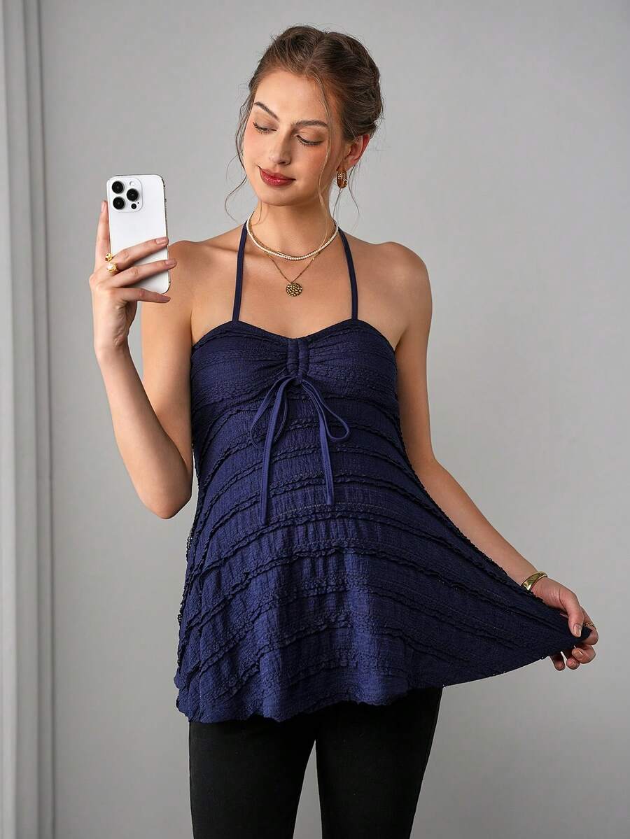 Maternity Jacquard Cami Top - Halter Neck, Spaghetti Strap, Drawstring, Flared Hem, Slim Fit, Blue