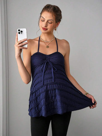 Maternity Jacquard Cami Top - Halter Neck, Spaghetti Strap, Drawstring, Flared Hem, Slim Fit, Blue
