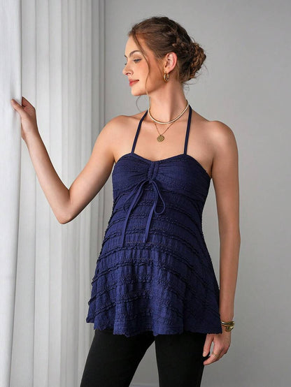 Maternity Jacquard Cami Top - Halter Neck, Spaghetti Strap, Drawstring, Flared Hem, Slim Fit, Blue