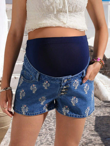Embroidered Floral Over-Belly Maternity Denim Shorts – Mid-Blue Wash Cotton Loose Fit Mini Shorts for Spring & Summer
