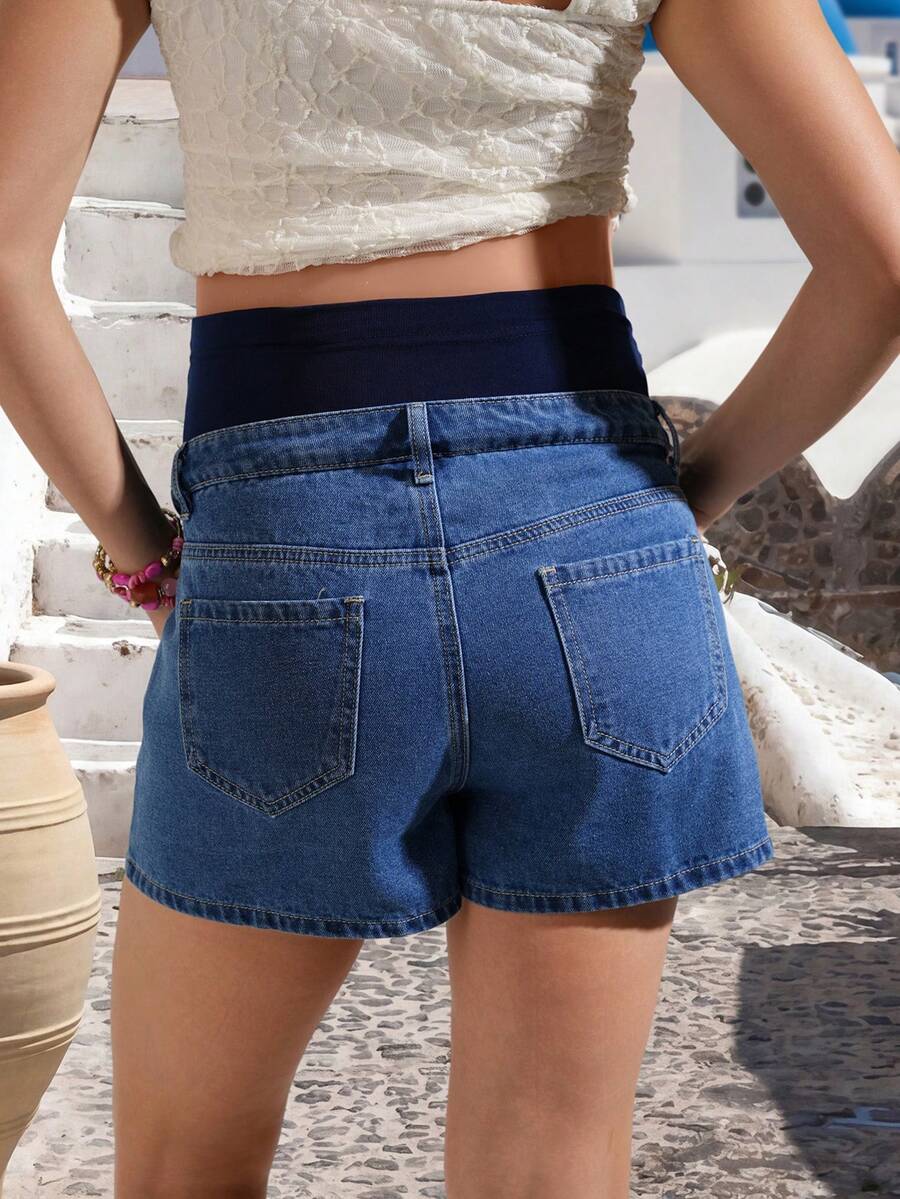 Embroidered Floral Over-Belly Maternity Denim Shorts – Mid-Blue Wash Cotton Loose Fit Mini Shorts for Spring & Summer