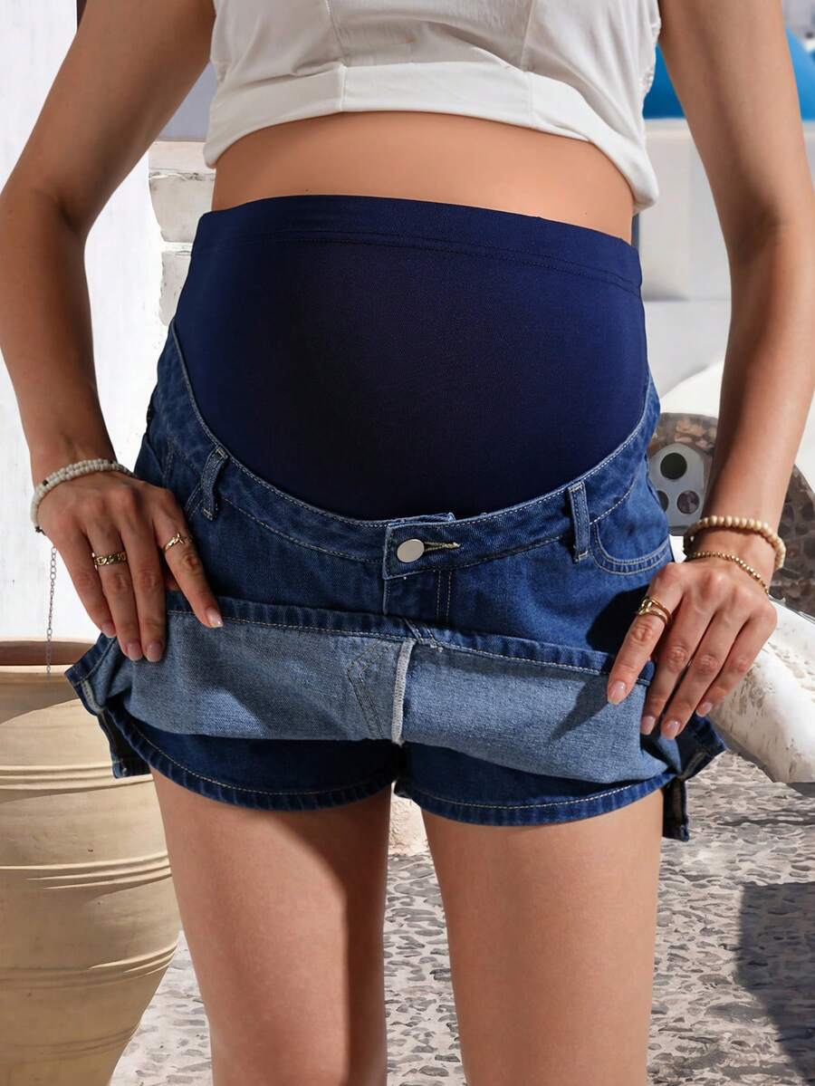 Maternity Dark Wash Denim Mini Skirt with Elasticized Waist and Button Detail Loose Fit Cotton Jean Shorts for Summer Casual Beach Outfits