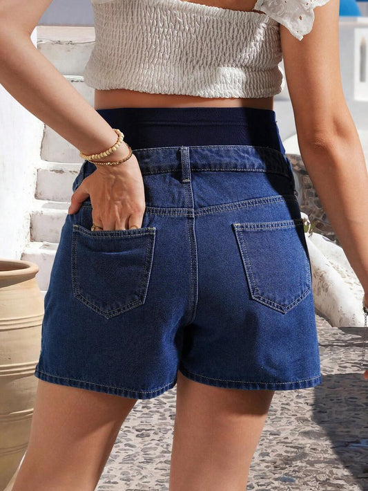 Maternity Dark Wash Denim Mini Skirt with Elasticized Waist and Button Detail Loose Fit Cotton Jean Shorts for Summer Casual Beach Outfits