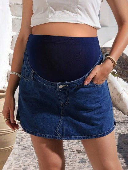 Maternity Dark Wash Denim Mini Skirt with Elasticized Waist and Button Detail Loose Fit Cotton Jean Shorts for Summer Casual Beach Outfits