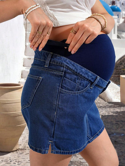 Maternity Dark Wash Denim Mini Skirt with Elasticized Waist and Button Detail Loose Fit Cotton Jean Shorts for Summer Casual Beach Outfits