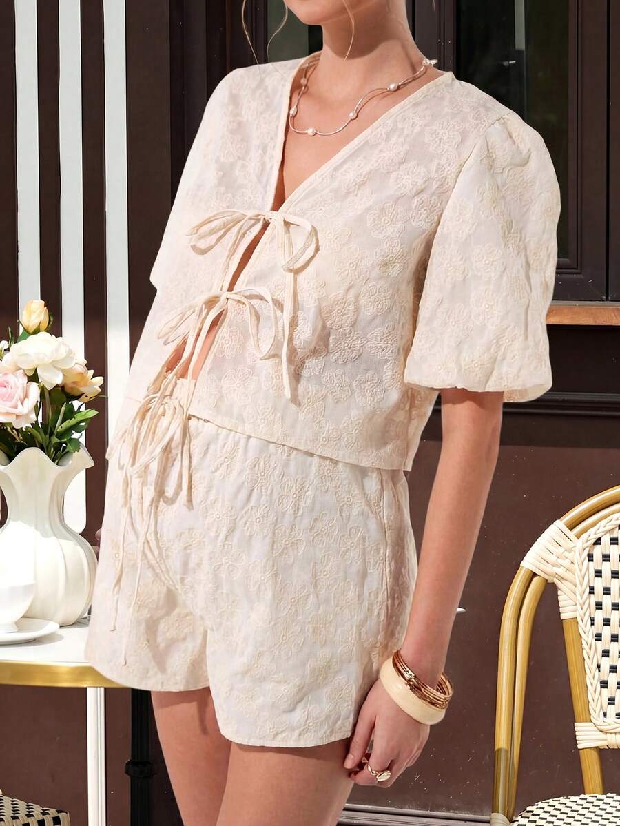 Maternity Floral 2-Piece Set - Tie-Front Blouse & Embroidered Side Slit Shorts, Apricot