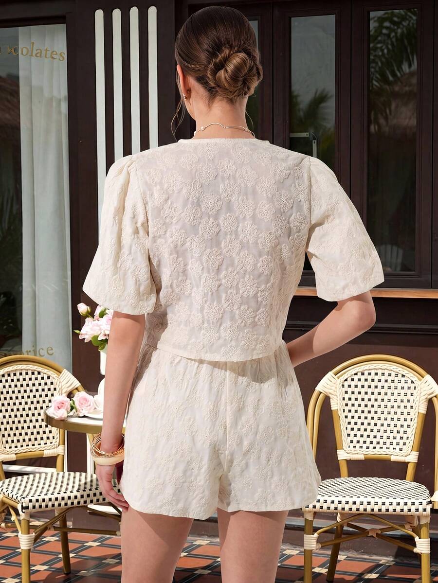 Maternity Floral 2-Piece Set - Tie-Front Blouse & Embroidered Side Slit Shorts, Apricot