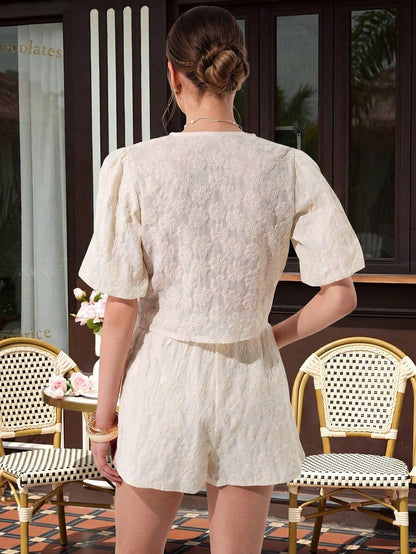Maternity Floral 2-Piece Set - Tie-Front Blouse & Embroidered Side Slit Shorts, Apricot