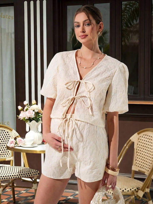 Maternity Floral 2-Piece Set - Tie-Front Blouse & Embroidered Side Slit Shorts, Apricot