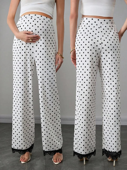 Maternity Polka Dot Straight Leg Pants - High Waist, Contrast Lace Trim, Long, Multicolor