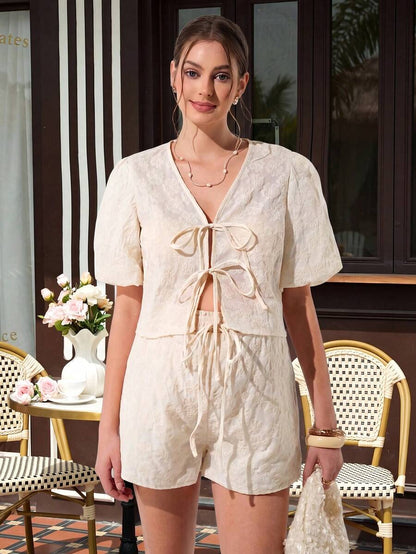 Maternity Floral 2-Piece Set - Tie-Front Blouse & Embroidered Side Slit Shorts, Apricot