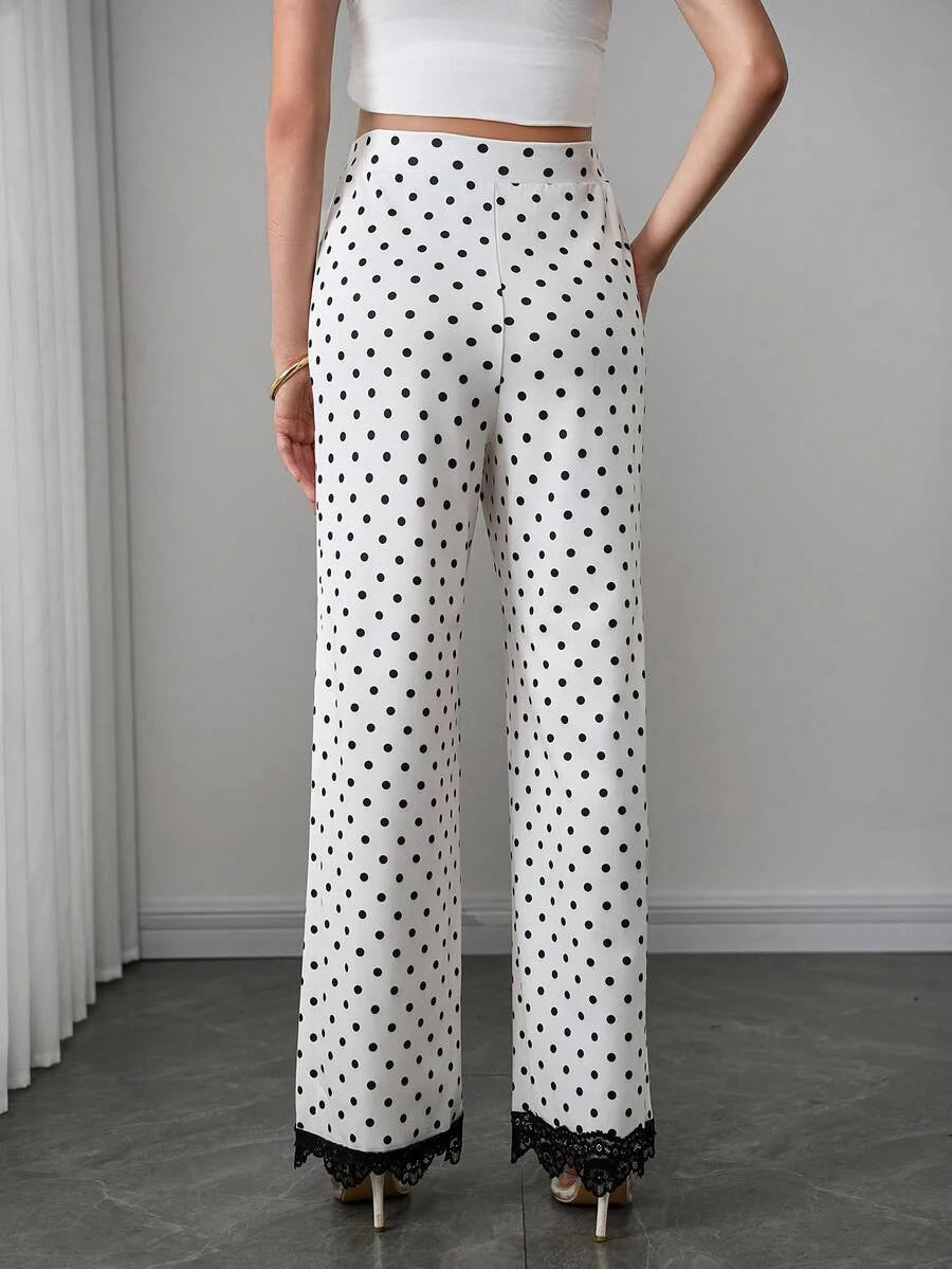 Maternity Polka Dot Straight Leg Pants - High Waist, Contrast Lace Trim, Long, Multicolor