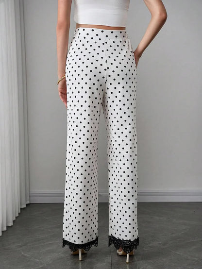 Maternity Polka Dot Straight Leg Pants - High Waist, Contrast Lace Trim, Long, Multicolor